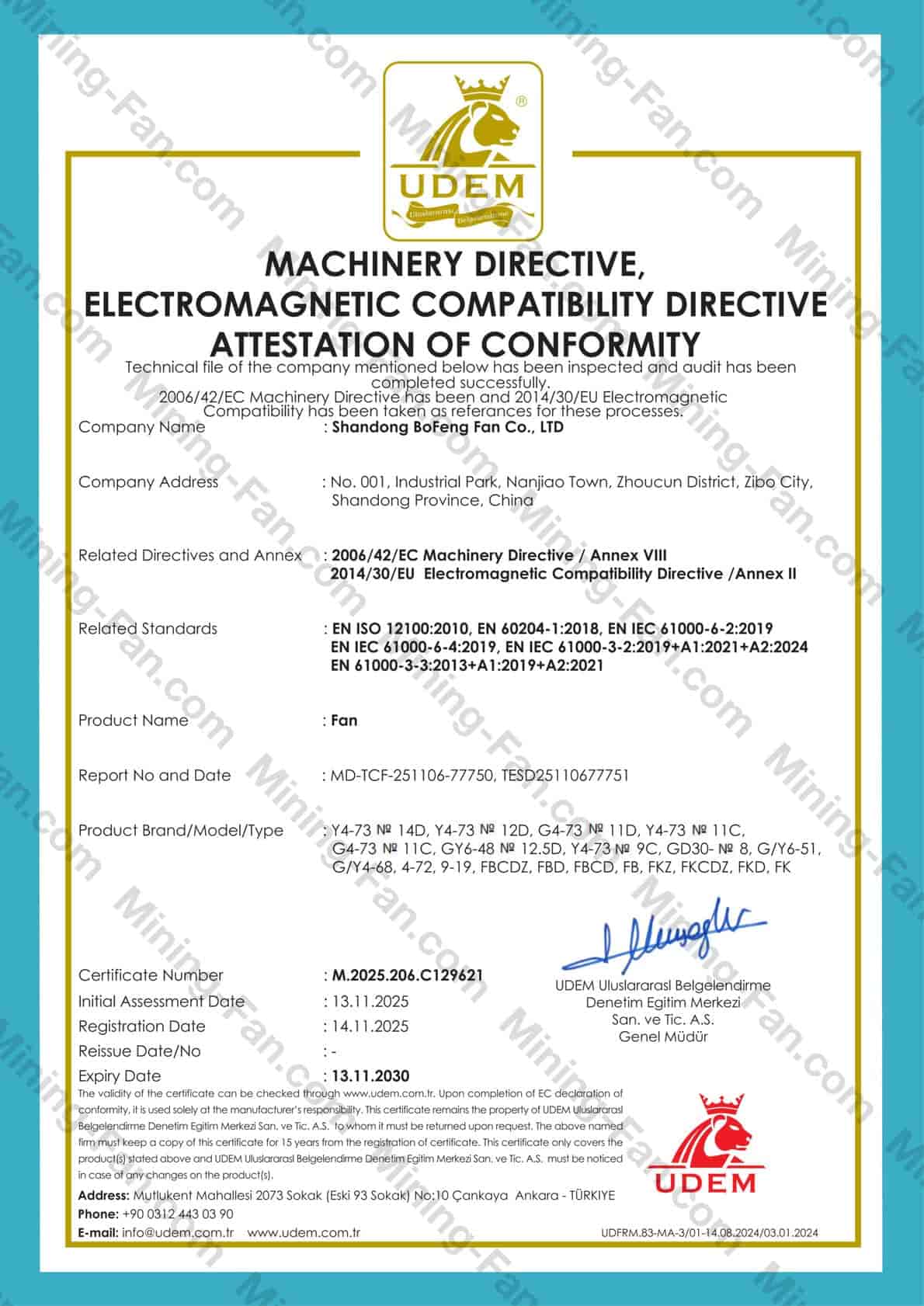 Shandong Bofeng Fan EU CE certificate for fans, Machinery Directive 2006/42/EC and EMC Directive 2014/30/EU