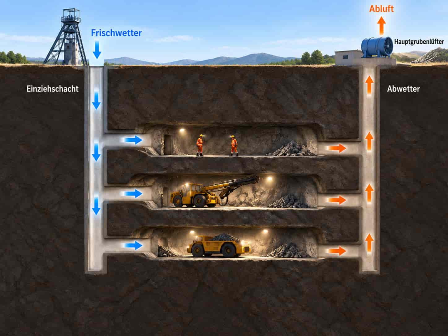 Wetterstrom im Untertagebergwerk vom Einziehschacht durch die Arbeitsbereiche bis zum saugend arbeitenden Lüfter über Tage.