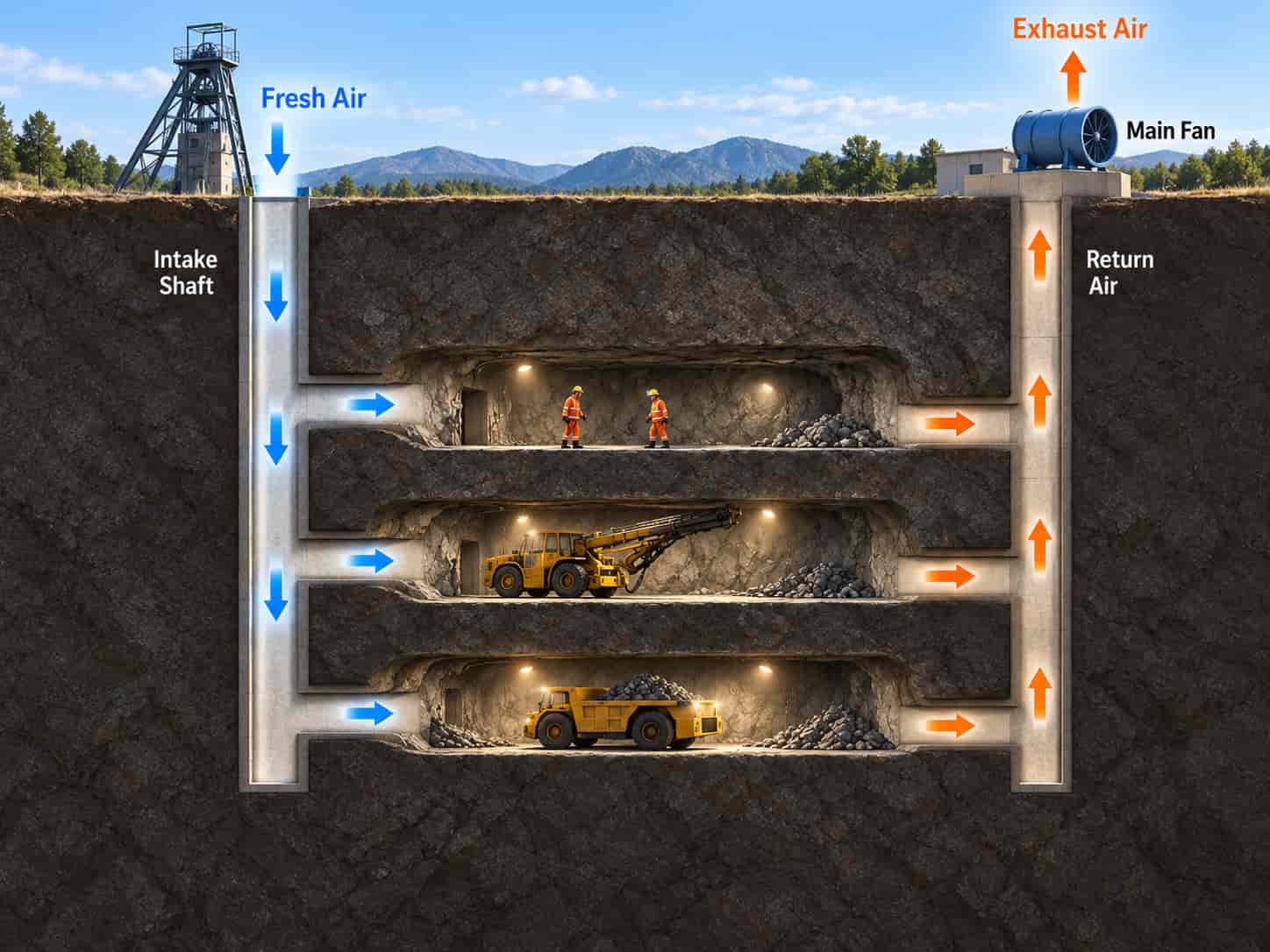 Underground mine ventilation airflow from intake shaft through working areas to the surface exhaust fan.