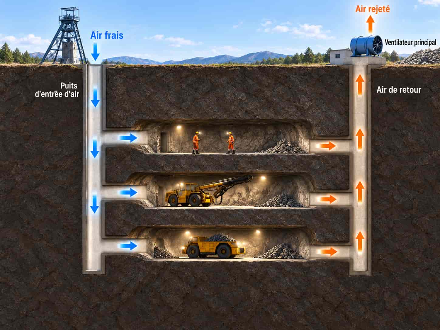 Circuit d’aérage d’une mine souterraine : l’air neuf descend par le puits d’entrée d’air, traverse les zones de travail et revient à la surface par le ventilateur principal d’extraction.