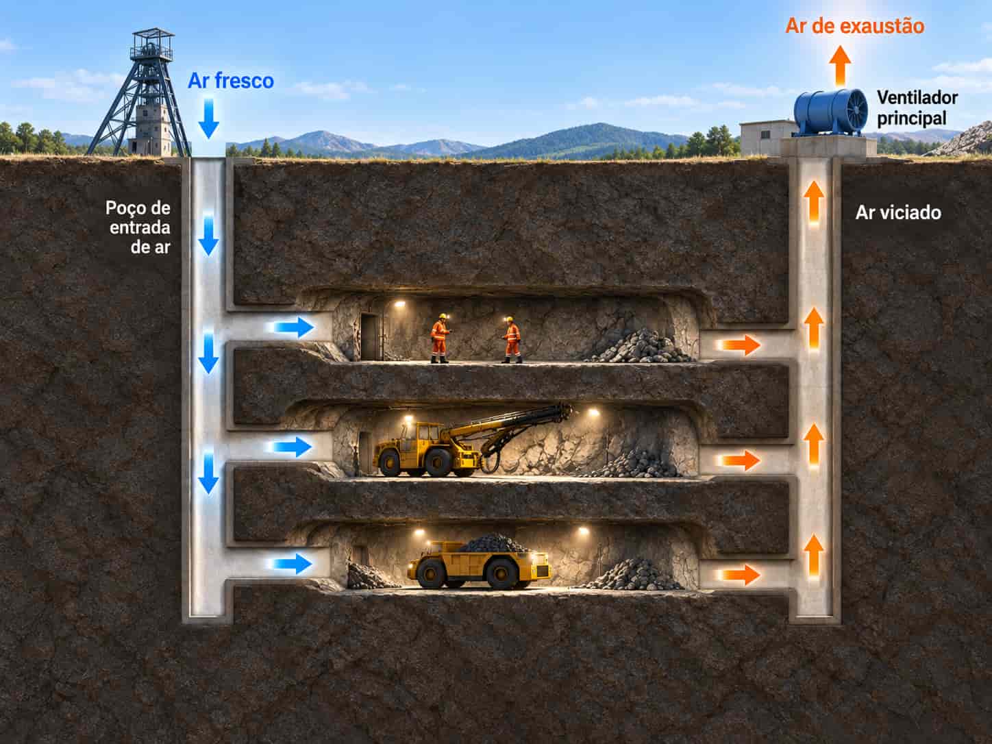 Fluxo de ar em uma mina subterrânea: entrada de ar fresco pelo poço de admissão, circulação pelas frentes de trabalho e exaustão do ar de retorno pelo ventilador principal na superfície.