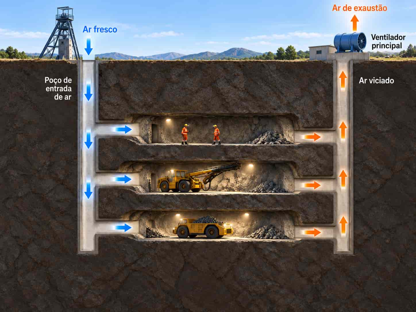 Fluxo de ar numa mina subterrânea, desde o poço de entrada, através das zonas de trabalho, até ao ventilador de extração à superfície.
