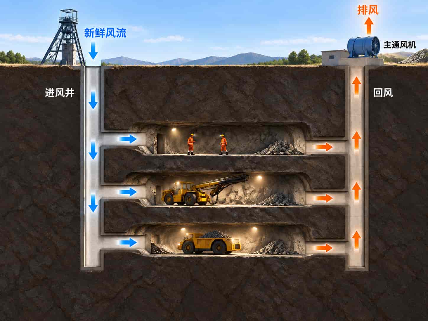 地下矿山通风气流示意图:新鲜风流经进风井进入井下作业区域,回风经回风井由地面主通风机排出。