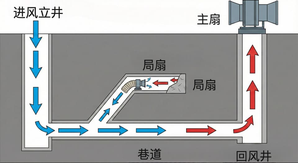 简化的矿井通风系统示意图,显示进风井、主通风机、局部通风机以及进风巷和回风巷的气流路径
