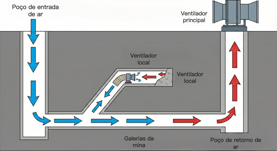 Diagrama simplificado de ventilação de mina subterrânea: poço de entrada, ventiladores locais e poço de retorno