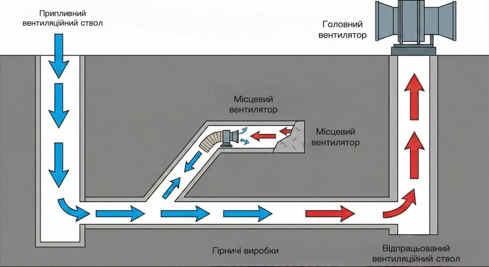 Спрощена схема вентиляції підземної шахти з приточним стволом, головним вентилятором, місцевими вентиляторами та рухом повітря між приточними і витяжними виробками