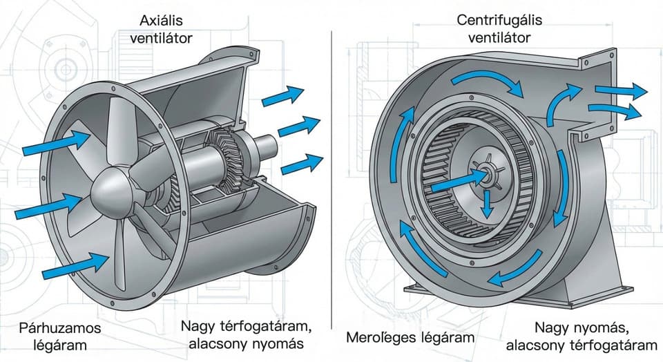 Axiális ventilátor vs centrifugális (radiális) ventilátor – a légáram iránya és a térfogatáram, valamint a nyomásnövekedés tipikus összefüggése
