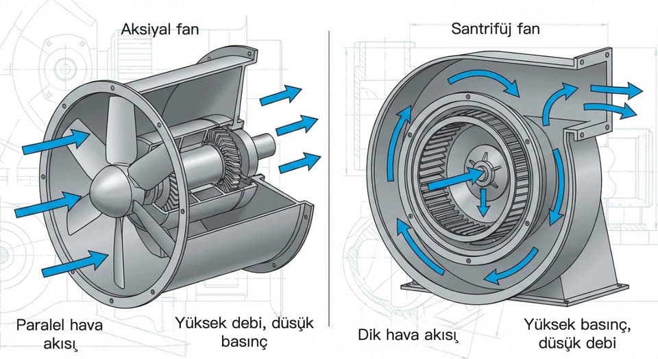 Aksiyal fan vs santrifüj fan (radyal fan) – hava akış yönü ve hacimsel debi ile basınç artışı arasındaki tipik ilişki