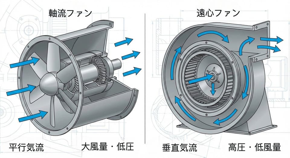 軸流ファン vs 遠心ファン(ラジアルファン)— 気流方向と体積流量・圧力上昇の典型的関係