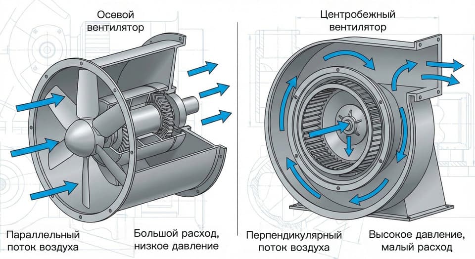 Осевой вентилятор vs центробежный вентилятор (радиальный) – направление потока и типичная зависимость между объёмным расходом и повышением давления