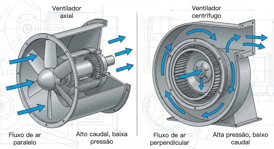 Ventilador axial vs ventilador centrífugo (ventilador radial) – direção do escoamento de ar e relação típica entre caudal e aumento de pressão
