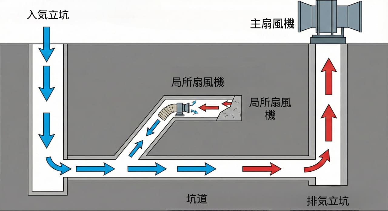 簡略化した坑内通気システムの模式図。入気立坑、主扇風機、局所扇風機、入気坑道と排気坑道の気流経路を示す