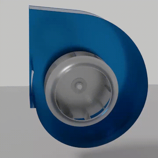 Animated centrifugal fan working principle: rotating impeller drives airflow from inlet through the volute to the outlet