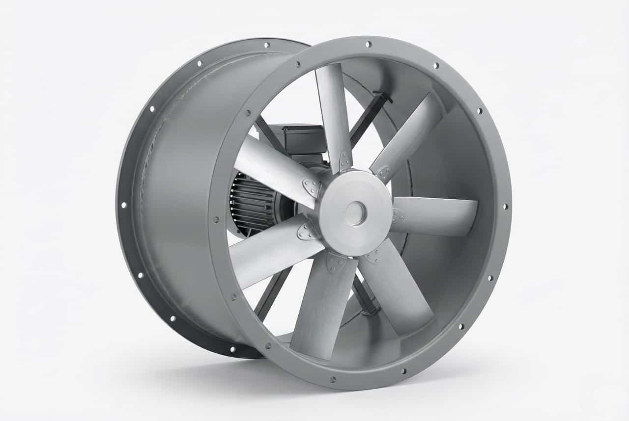 Tube-axial fan appearance: an impeller inside a cylindrical duct casing with flanged ends for duct connection.