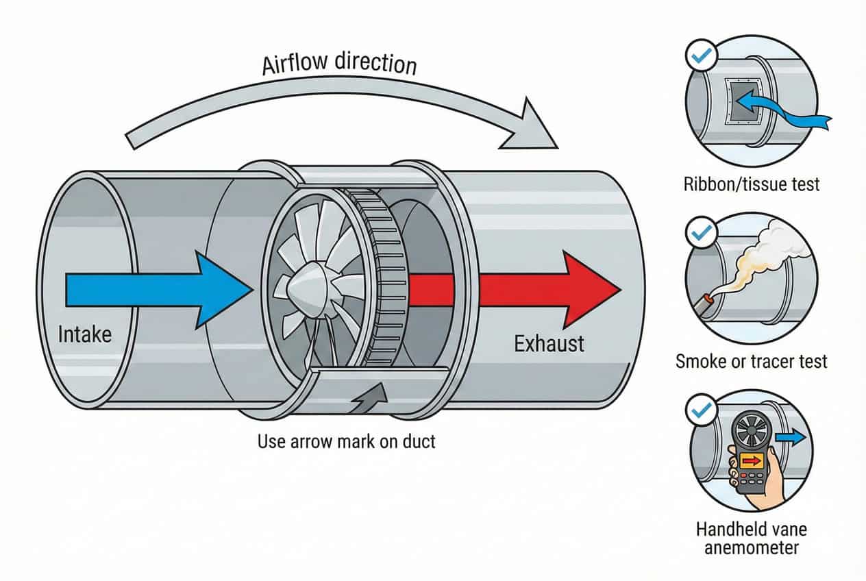 Mine ventilation duct airflow direction diagram showing intake (fresh air) and exhaust (return air), with ribbon test, smoke/tracer test, and vane anemometer checks.