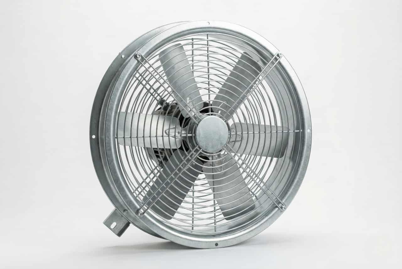 Propeller-type axial fan with visible blades and a safety guard, commonly wall-mounted for exhaust or supply ventilation.