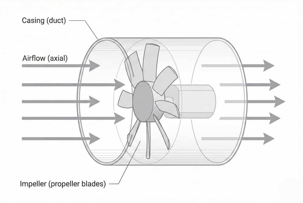 Axial fan airflow diagram: air moves straight through the casing, parallel to the fan shaft.