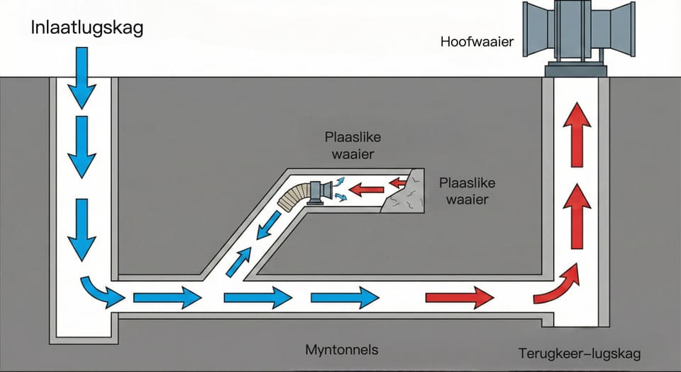 Vereenvoudigde diagram van ondergrondse mynventilasie met intrekskag, hoofwaaier, plaaslike waaiers en lugvloeipaaie tussen intreklug- en retourlugweë